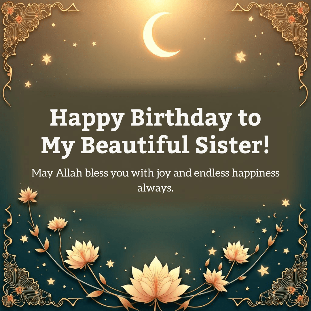 Islamic birthday wish for sister in English and Urdu with moon background and golden lantern design