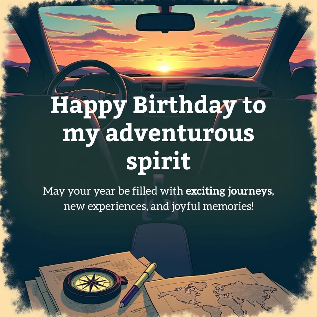 Birthday travel quote in car design with vibrant colors