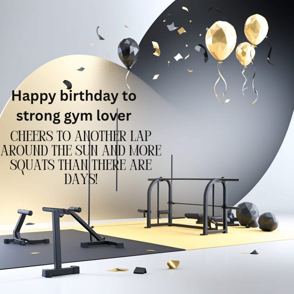 Heart-touching birthday wish written on gym background with dumbbells and workout theme