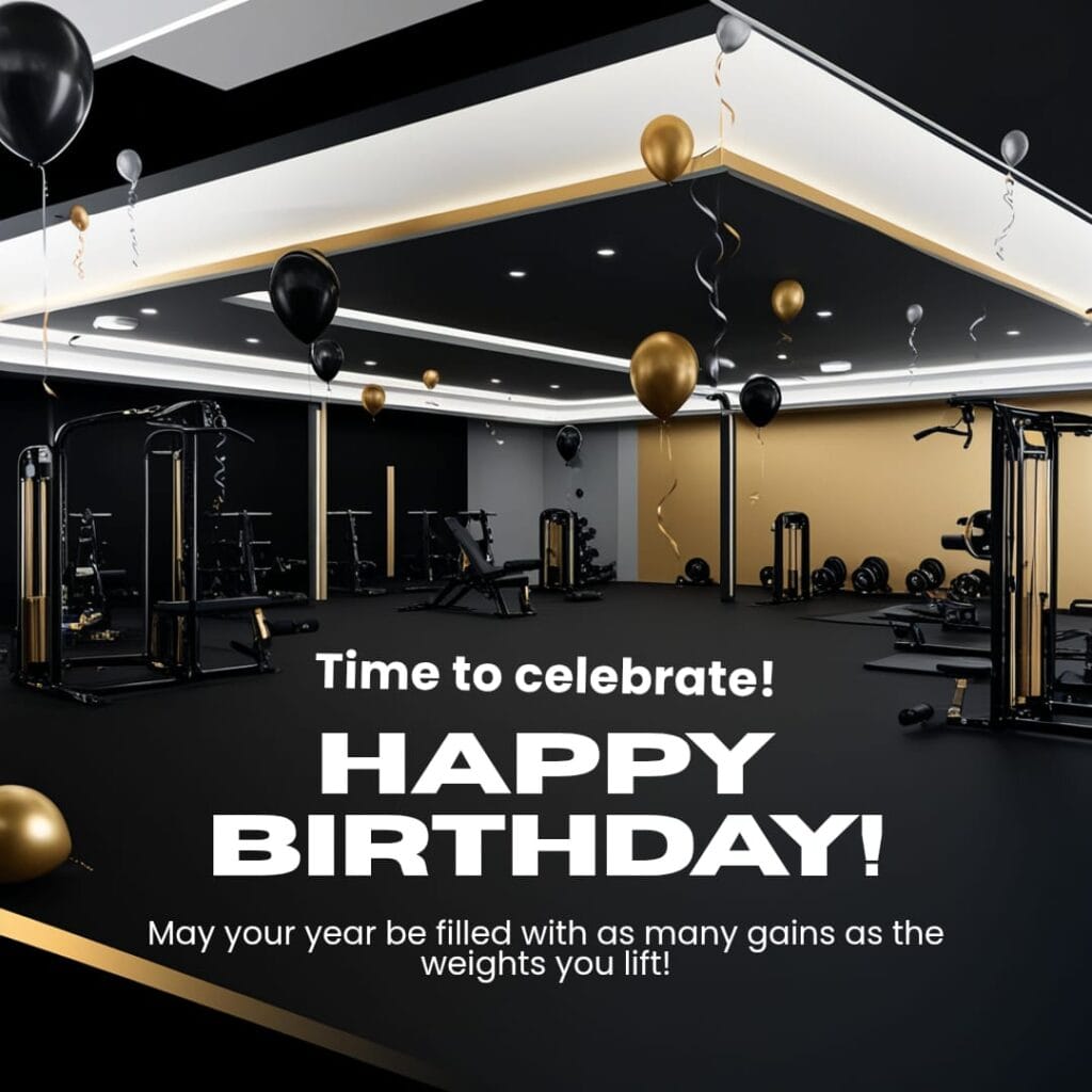 Birthday wishes for gym boy with fitness-themed design, celebrating strength and motivation