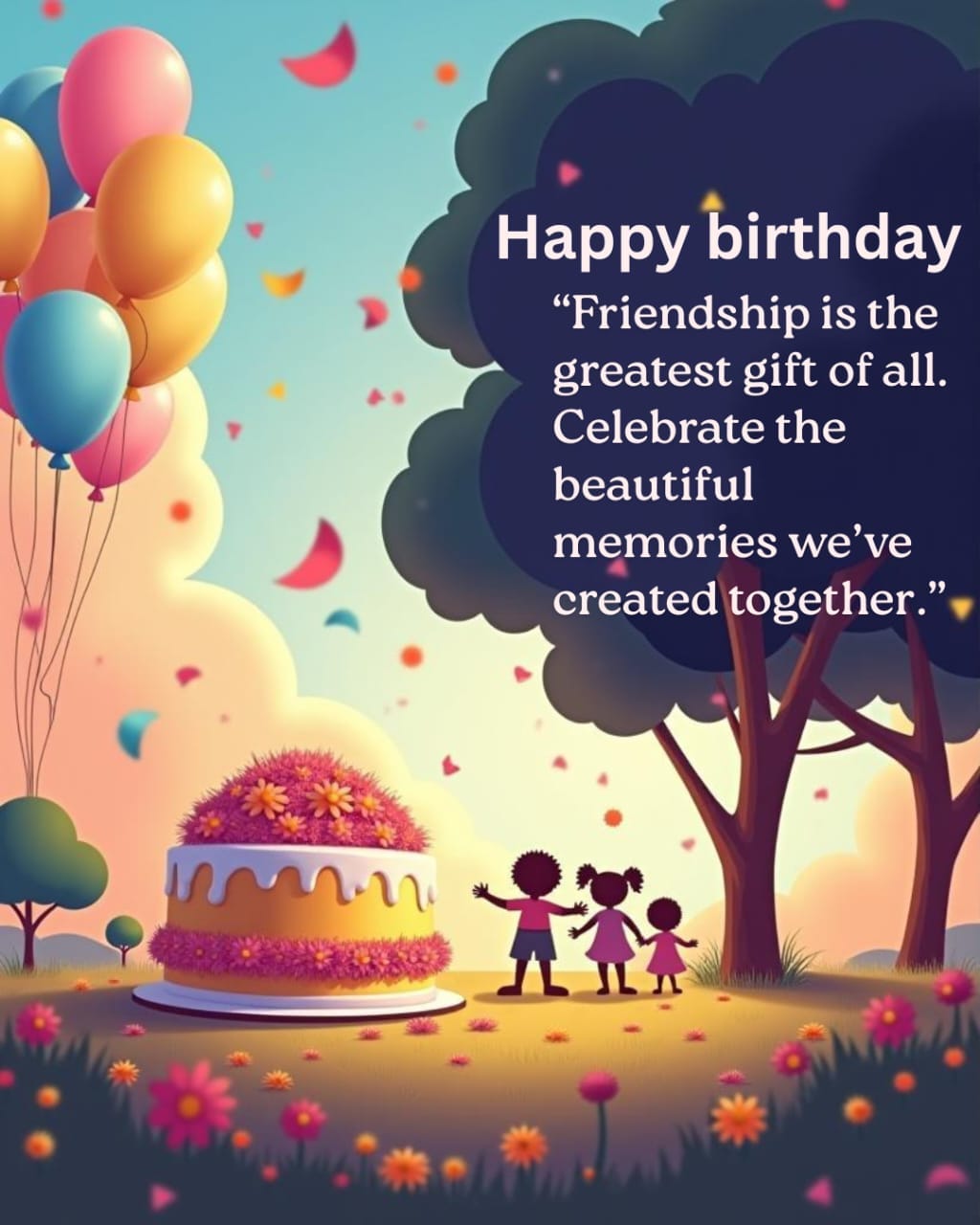 Childhood friends celebrating birthday with cake and laughter