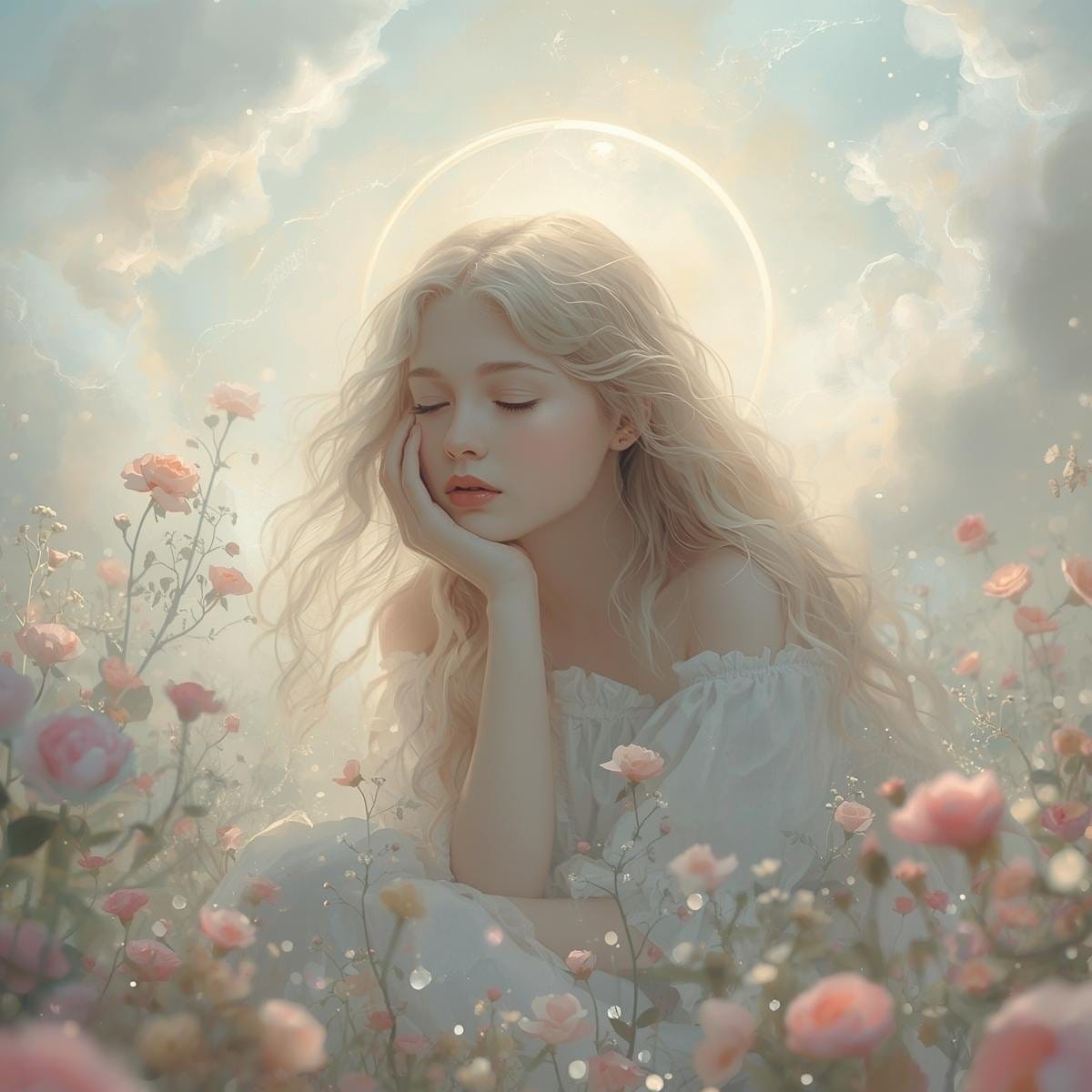“Heavenly sister surrounded by roses in a dreamy, angelic light.”