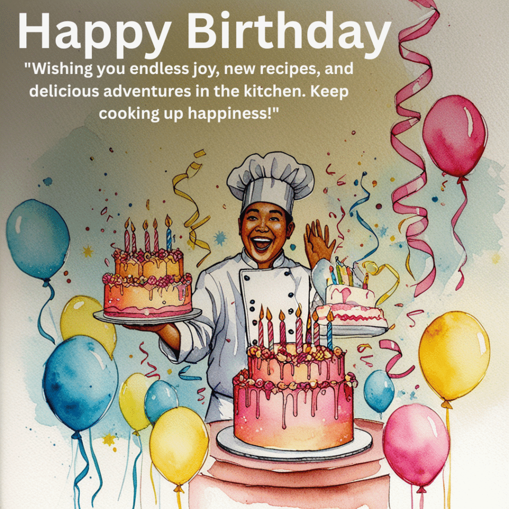 Happy Birthday wishes for chefs with cakes and balloons – cooking lovers celebration image