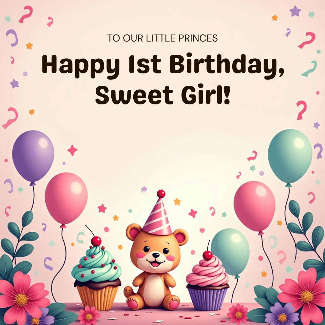 1st birthday wishes for baby girl niece with cartoon baby, balloons and cake