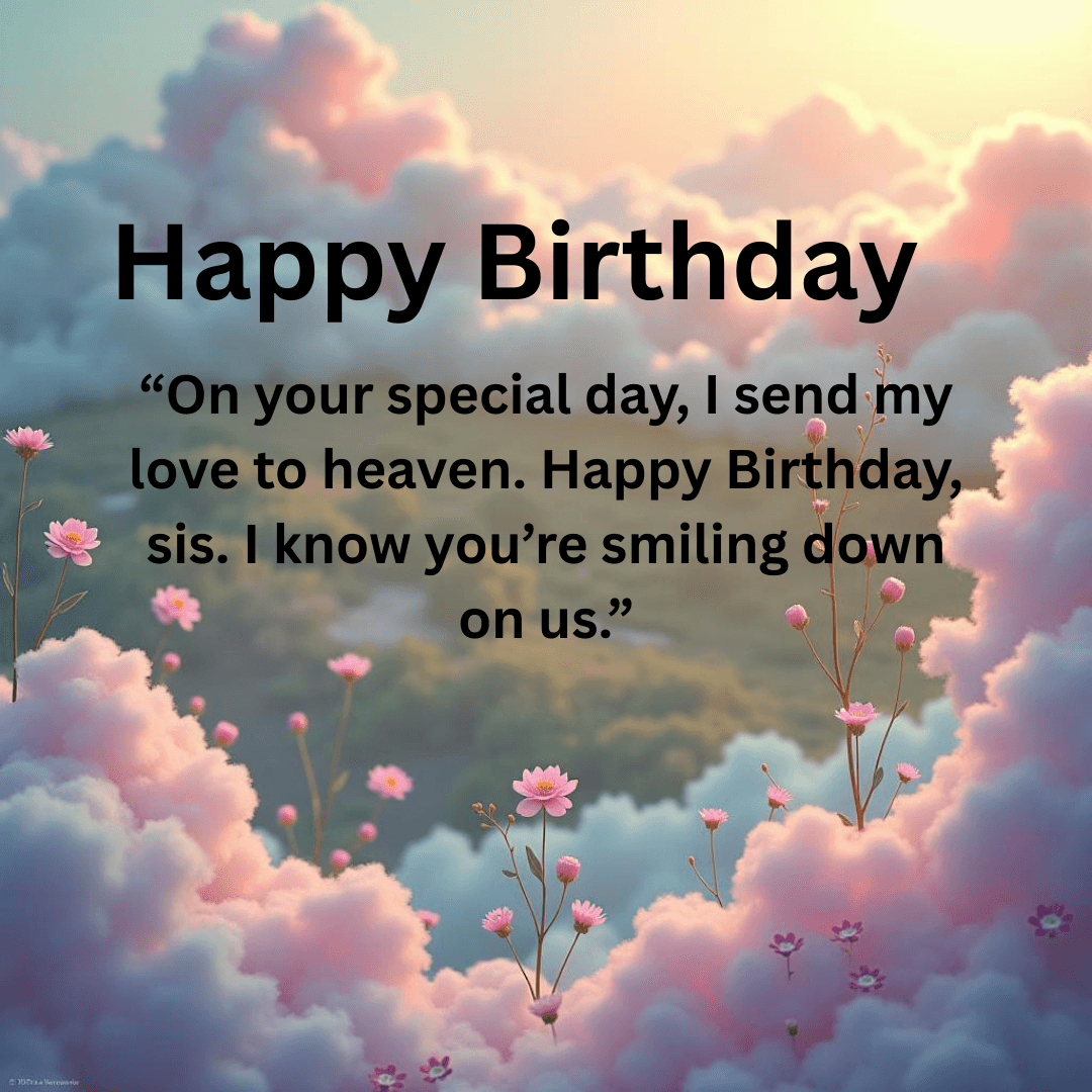 "Happy birthday message for a sister in heaven, with pink clouds, glowing sky, and blooming flowers."