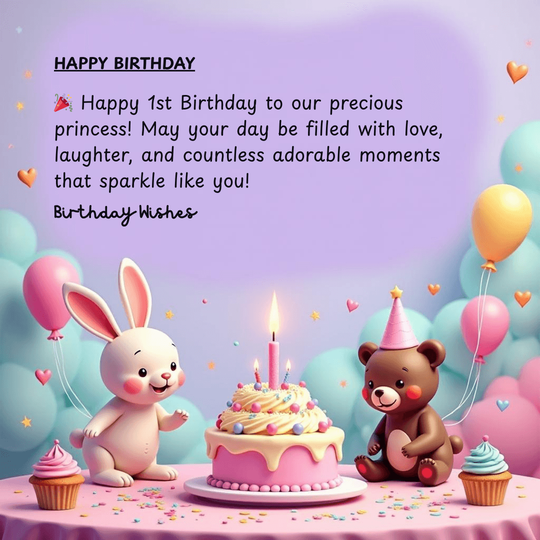 Happy 1st birthday wishes for baby girl niece with cartoon baby, balloons, and cake illustration