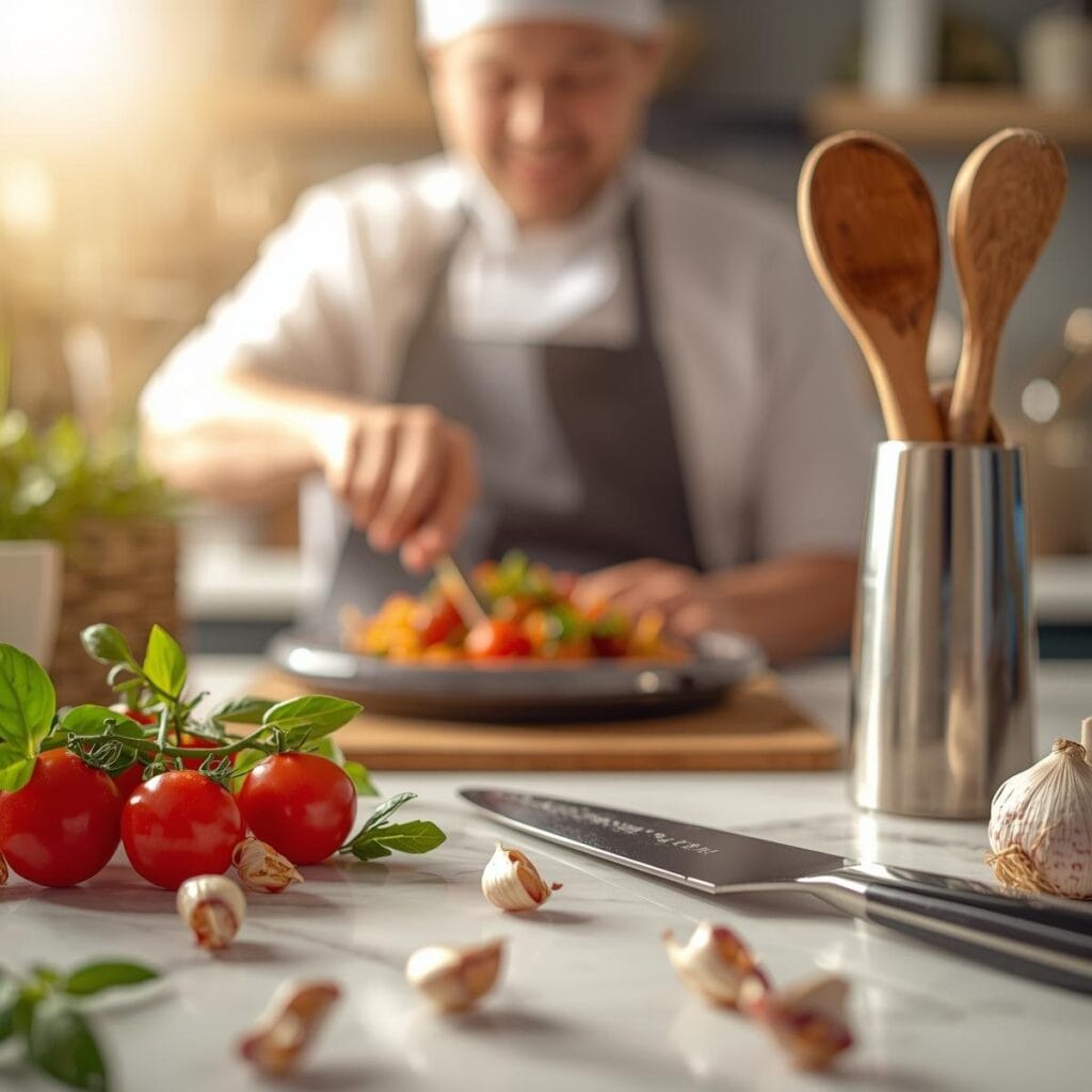 Cooking lover chef preparing food with fresh vegetables – foodie birthday theme