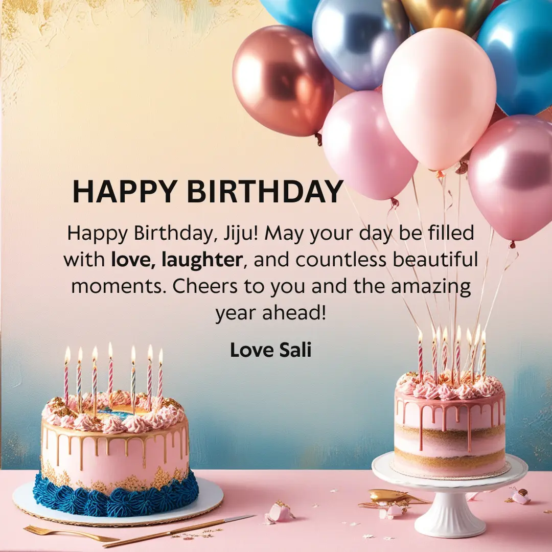 Happy Birthday Jiju greeting card with balloons and cake