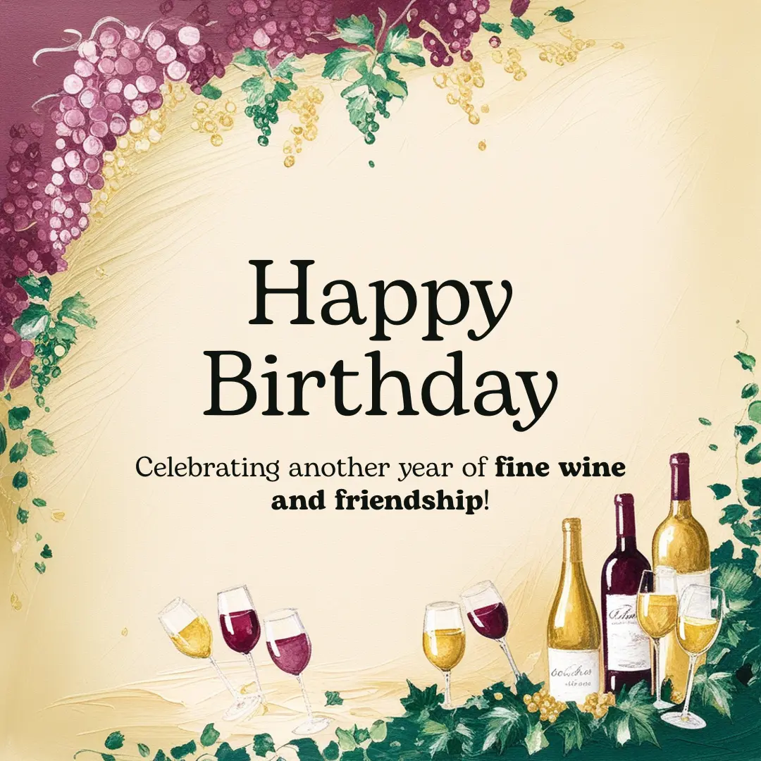 Artistic birthday card with wine bottles, glasses, and grape decorations.