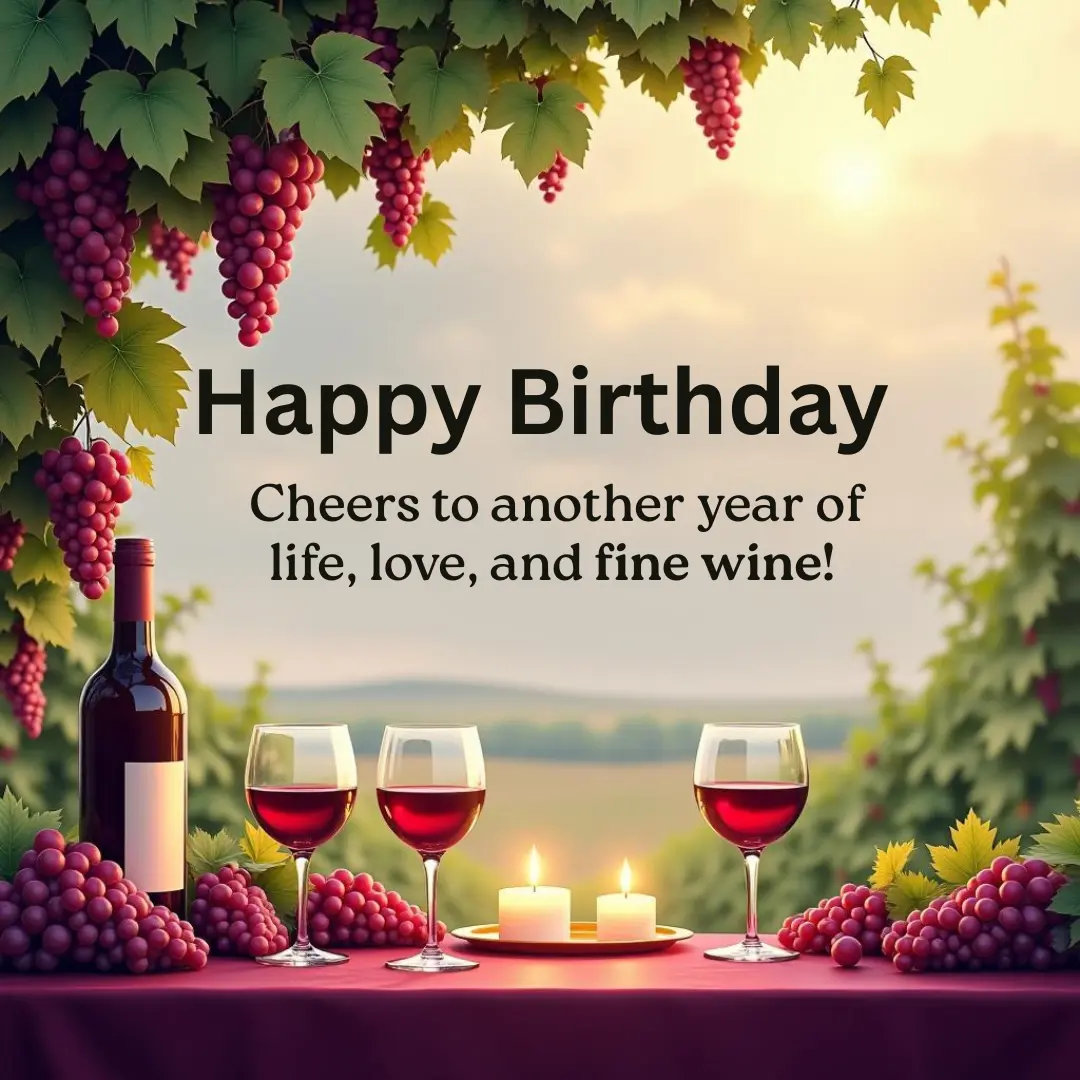 Birthday greeting with wine glasses, bottle, grapes, and candles on a vineyard table.