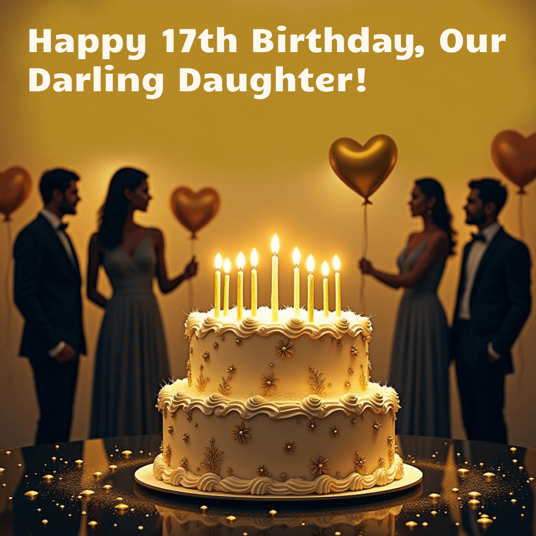 Birthday cake with glowing candles and family holding heart balloons for daughter’s 17th birthday celebration.