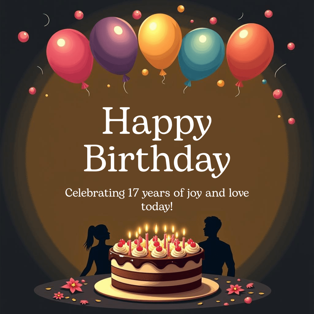 black background with ballons and cake a heartfelt 17th birthday wish for daughter.