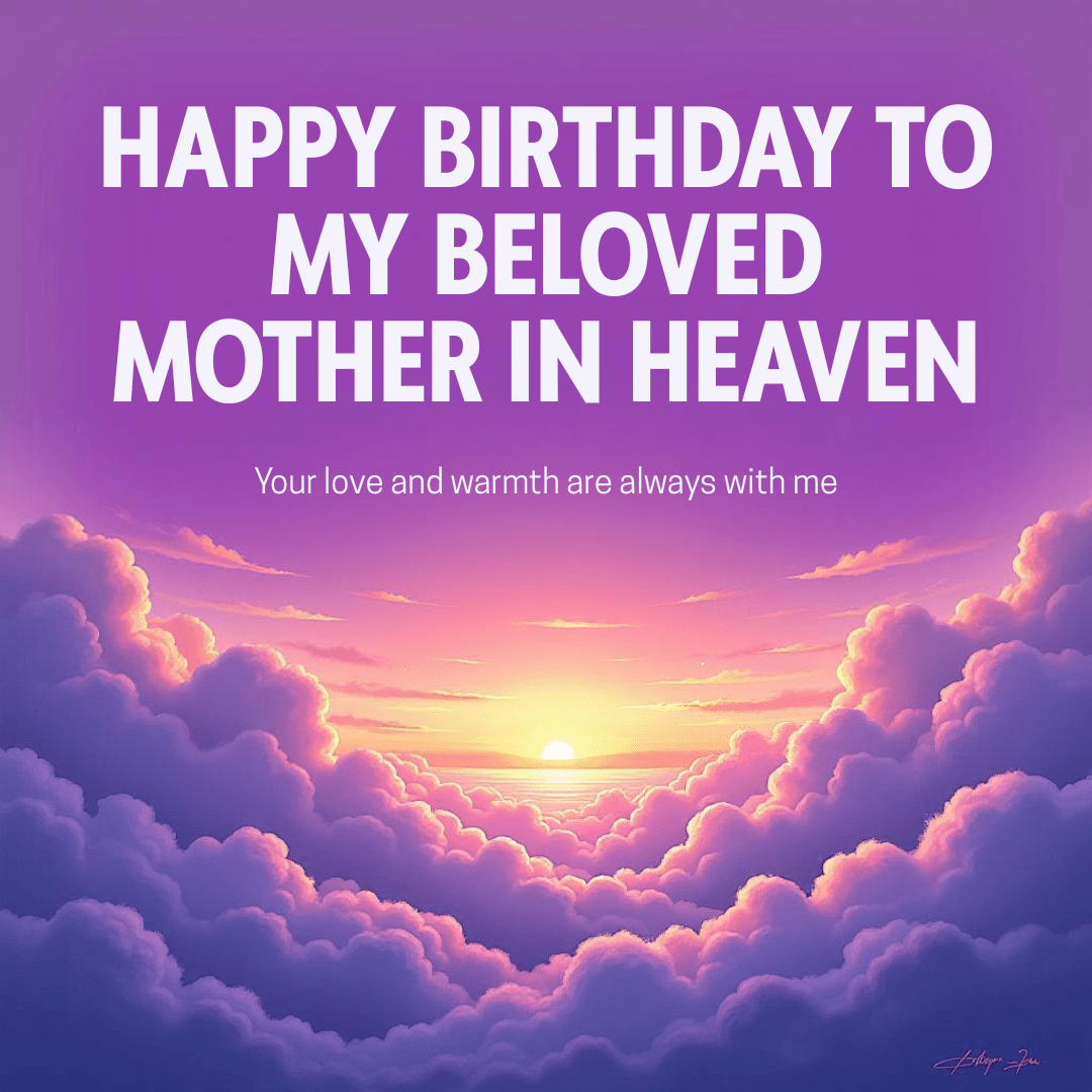 Sunset over heavenly clouds with the heartfelt message “Happy Birthday to My Beloved Mother in Heaven – Your love and warmth are always with me.”