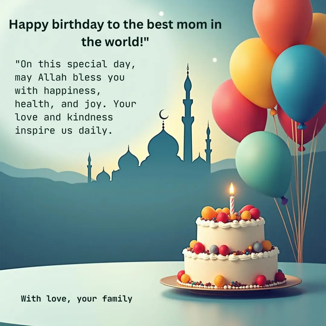 Islamic birthday wish for mom with cake, balloons, and mosque background.