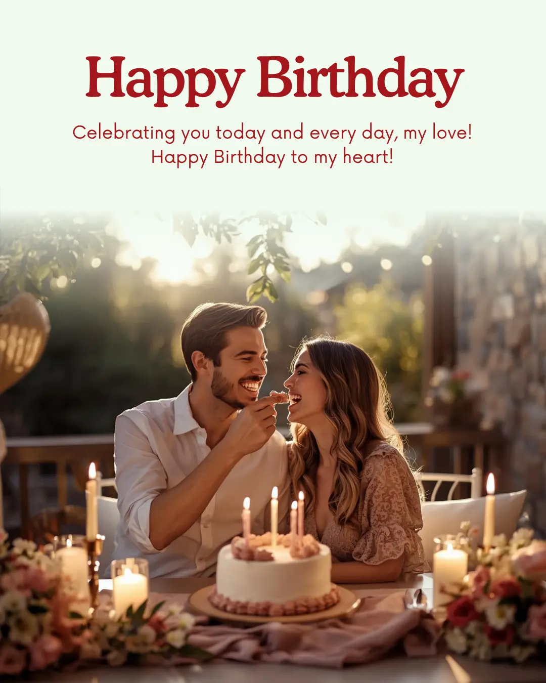 Loving couple celebrating birthday with cake and candles at a romantic dinner – beautiful birthday wishes for lover image.