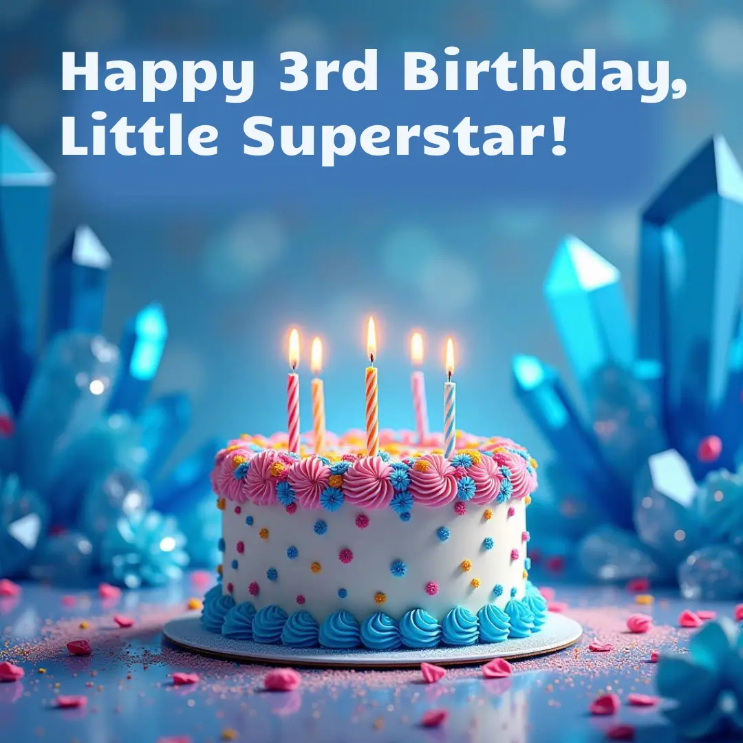 Colorful birthday cake with candles and blue decorations for a 3-year-old’s celebration