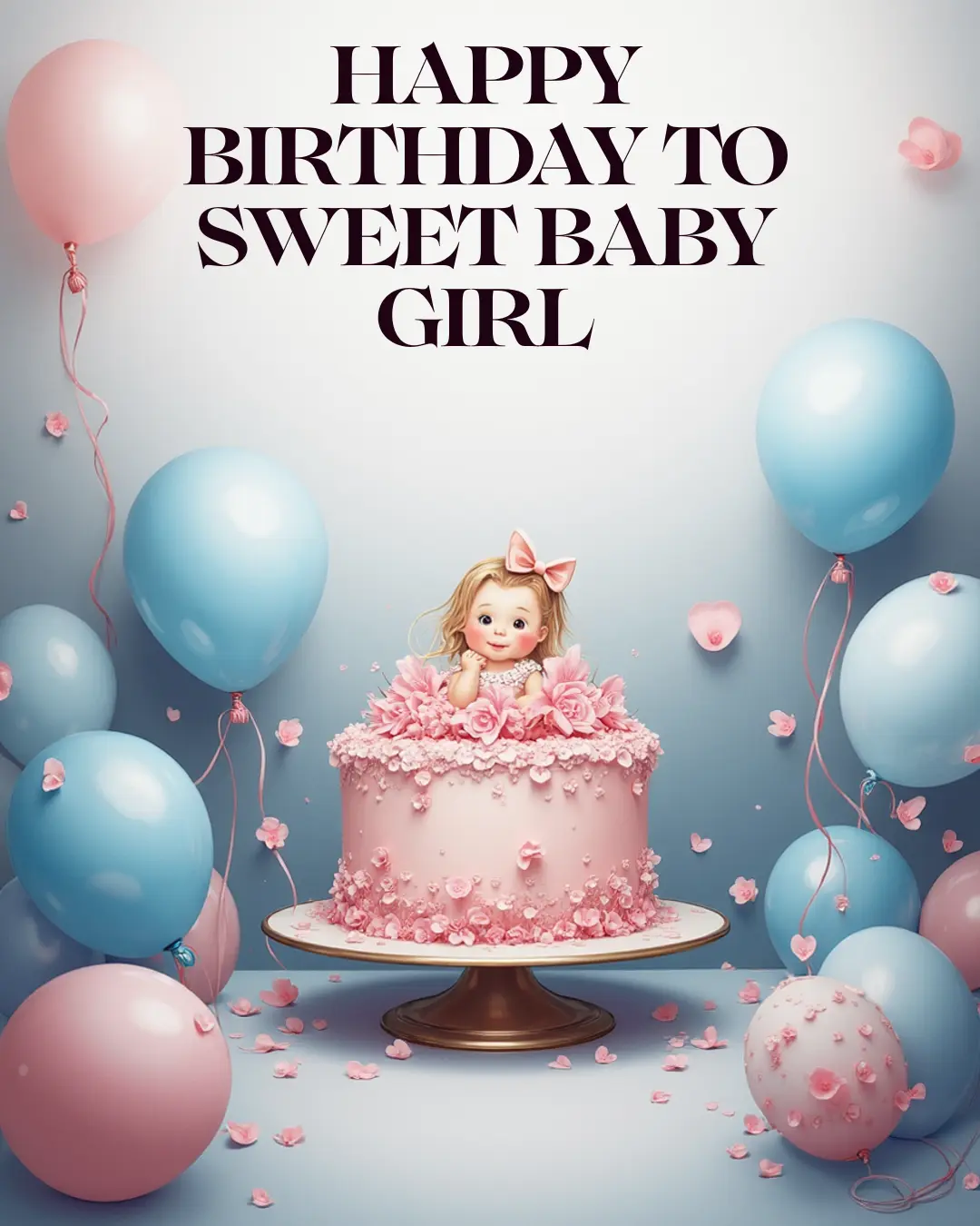Baby girl sitting on pink floral cake with balloons on her first birthday