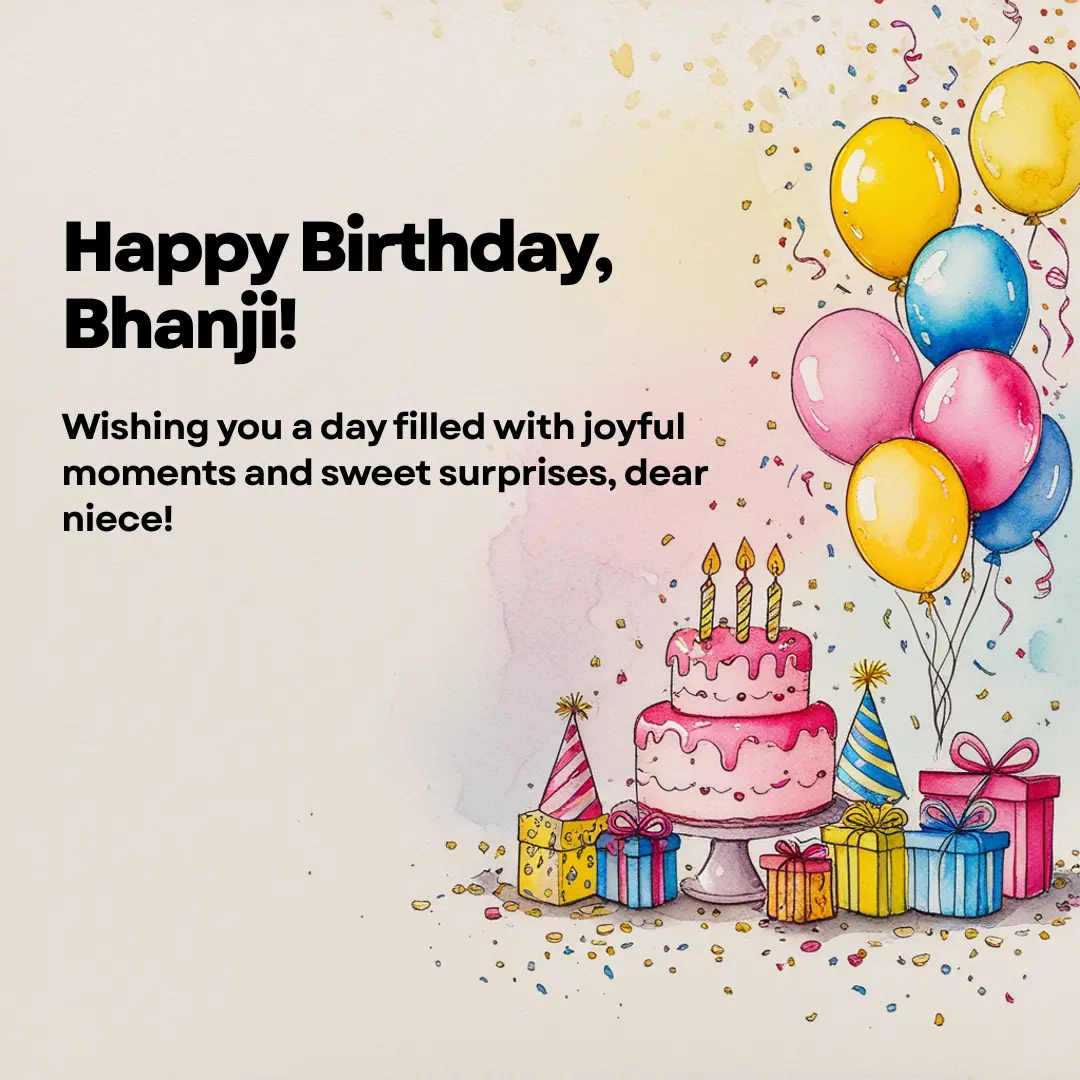 Happy birthday wishes for bhanji with balloons, gifts, and a pink cake illustration