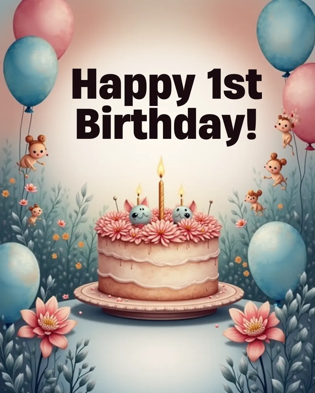 Happy 1st birthday cake with blue and pinkish background