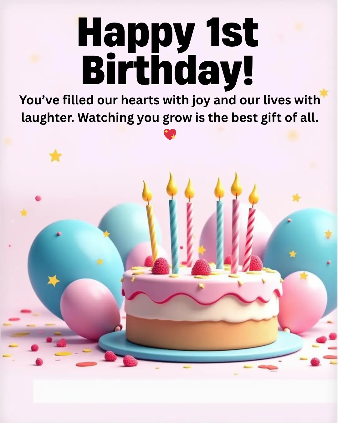 Happy 1st birthday cake with colorful balloons and candles for baby girl celebration