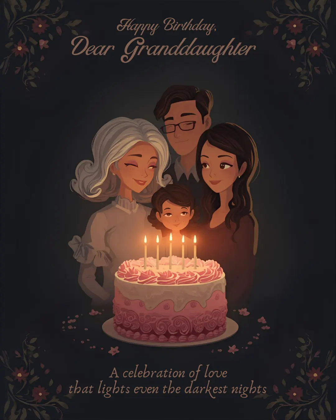 Grandmother and family celebrating granddaughter’s birthday with cake and candles — loving birthday wishes from grandma