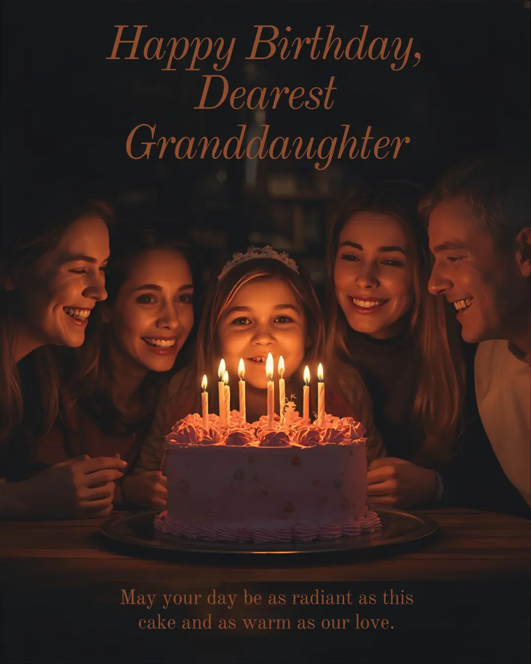 Family smiling with young granddaughter around a birthday cake — happy birthday granddaughter celebration