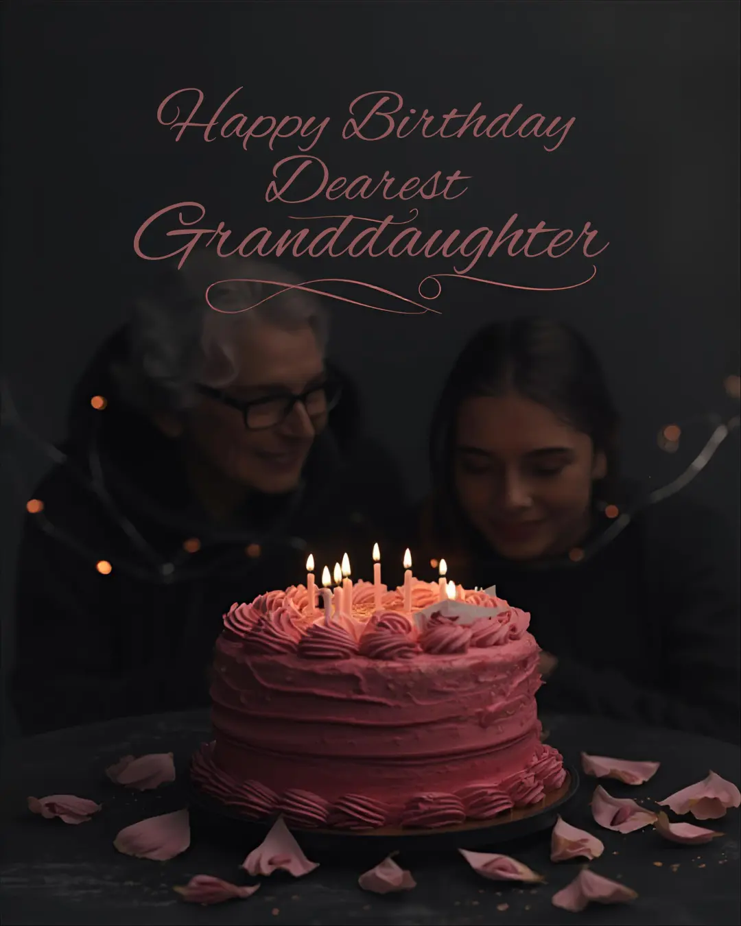 Grandmother and granddaughter sharing a quiet birthday moment with candles and pink cake