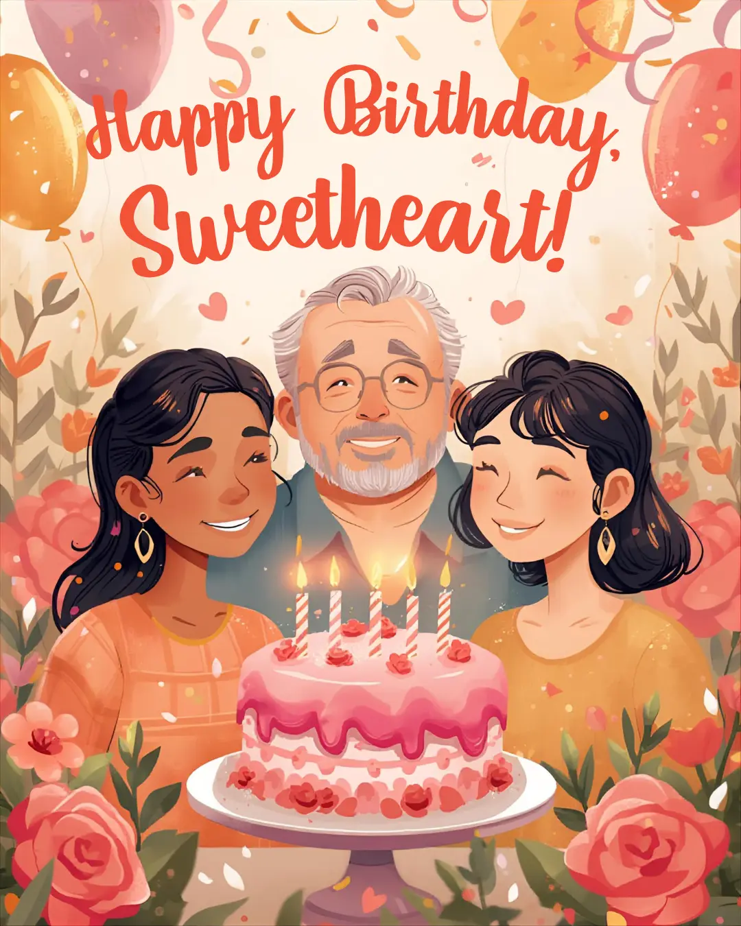 Grandfather celebrating birthday with granddaughters and pink cake — happy birthday wishes for granddaughter