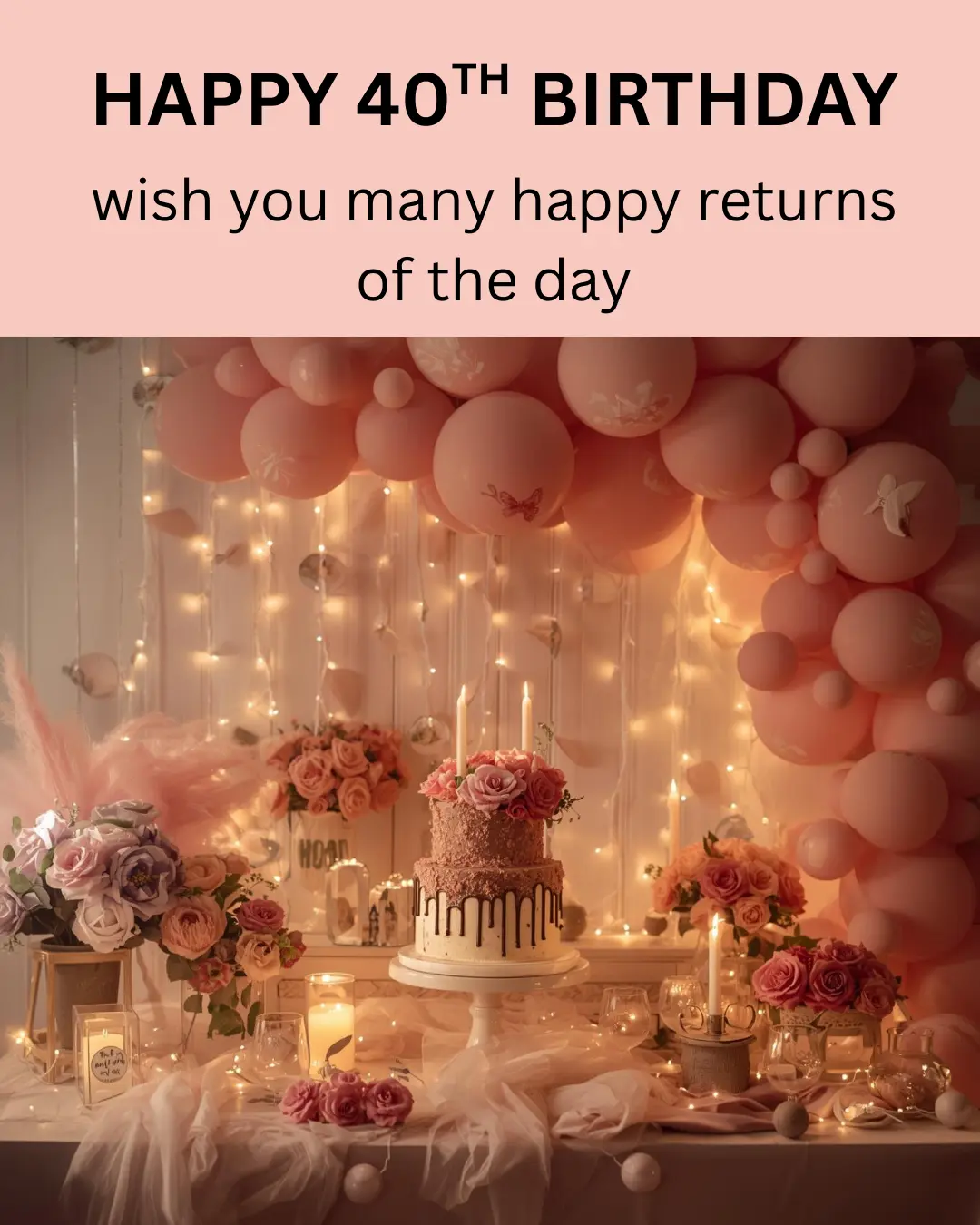 “40th birthday celebration setup with pink balloons, roses, candles, and a decorated cake table.”