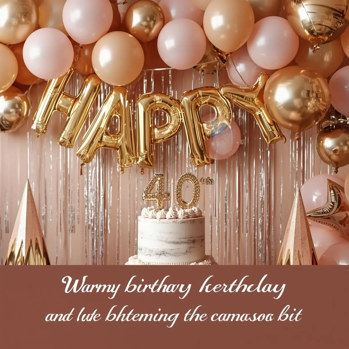 “40th birthday party decoration with golden balloons, pink balloons, and a white cake with a 40 topper.