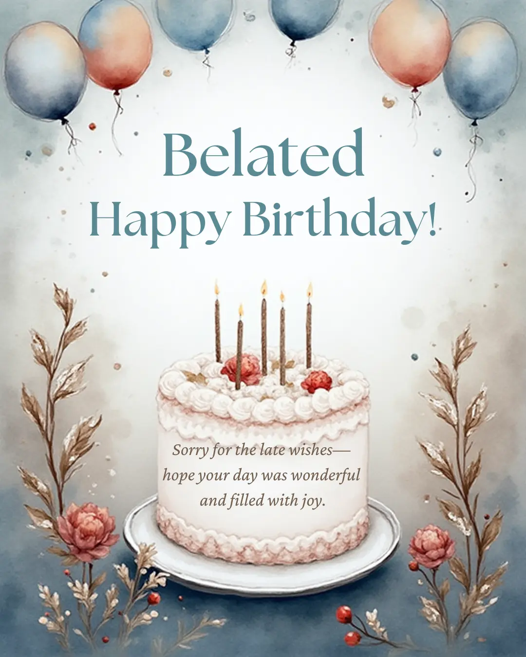 Late birthday wishes for best friend with balloons and cake on black background