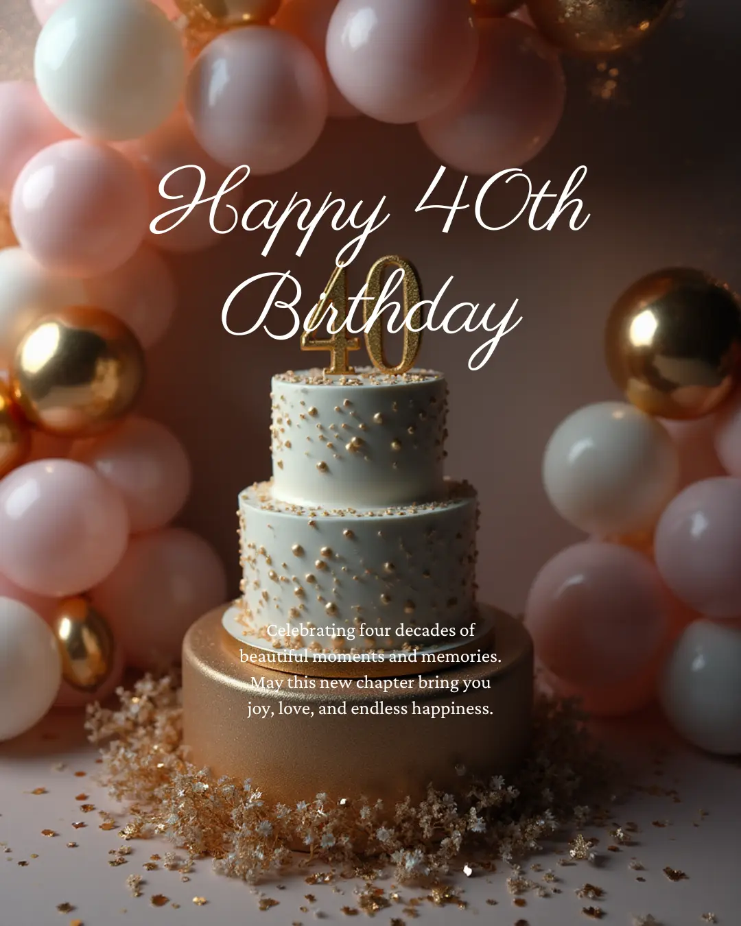 “Happy 40th Birthday cake surrounded by pink and gold balloon decorations with a luxury double-tier cake and 40 topper.”