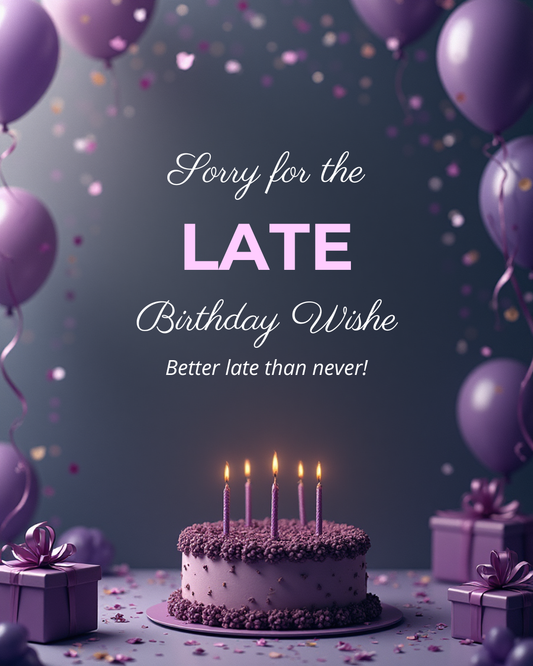Sorry for the late birthday wish to brother with elegant cake, candles and gift boxes